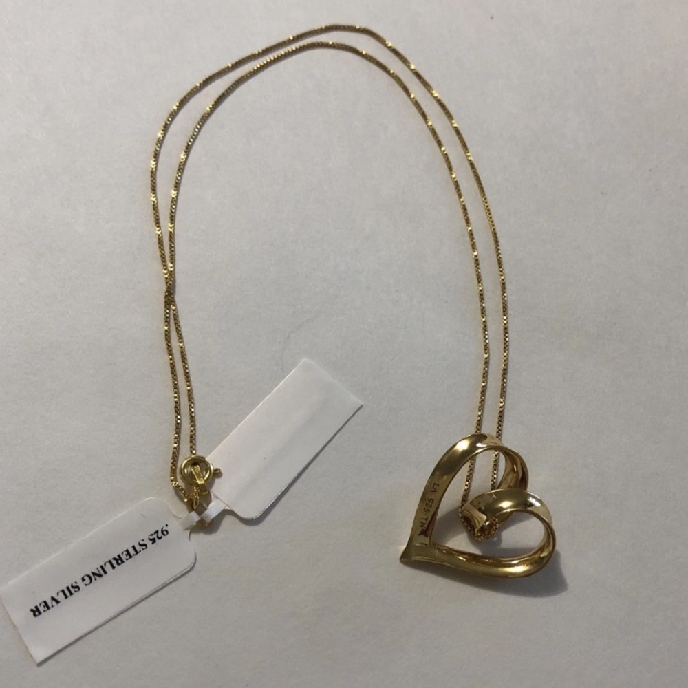 925 Sterling Silver Heart Pendant Necklace 18”  Rope Chain Gold Tone True Friend